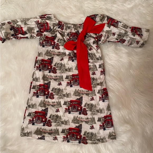 Christmas Tree Truck Girls Dress Red Bow Elastic Collar Plus Sleeves Size 3T NEW - Picture 1 of 13